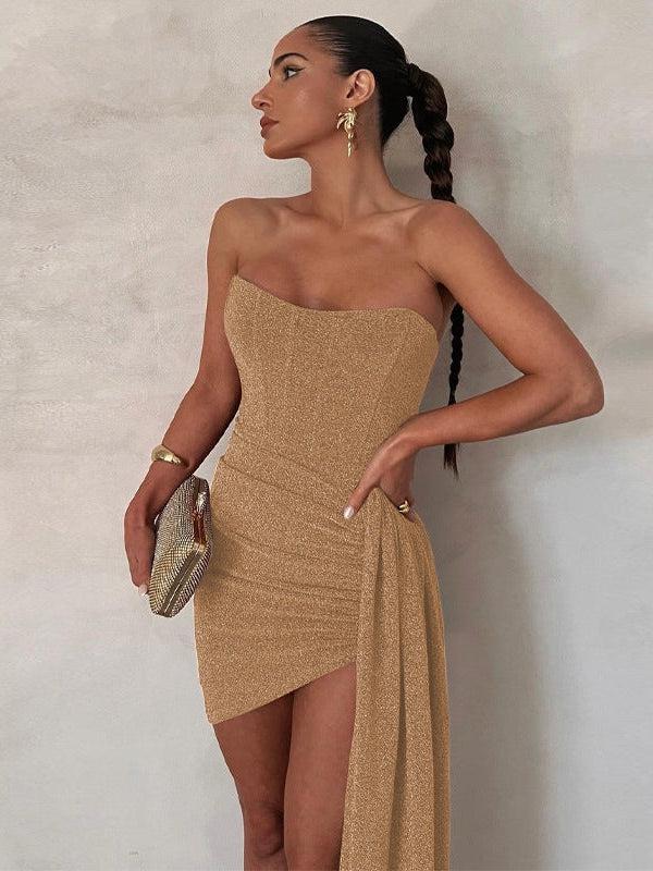 Ruched Boning Tube Bandeau Short Shimmer Dress