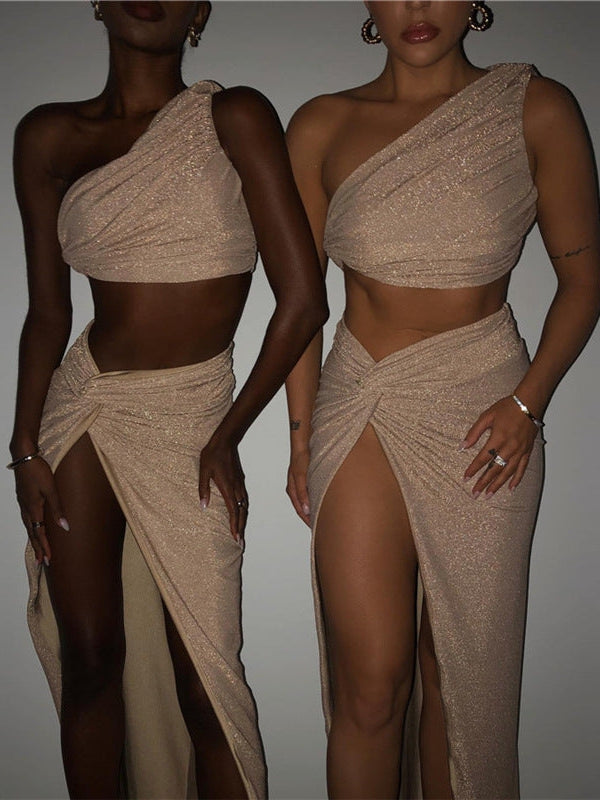 Oblique Shoulder Vest Slim Sheath Split Skirt Set