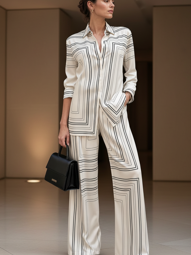 Serene Striped Ivory Grid Co-ord Set, ivory two-piece top and wide-leg pants with black grid lines, EXCLUSIVES