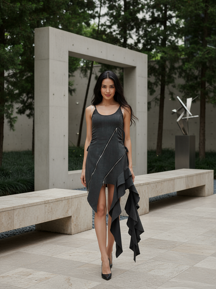 Irregular Asymmetric Cut Zipper Vest Dress