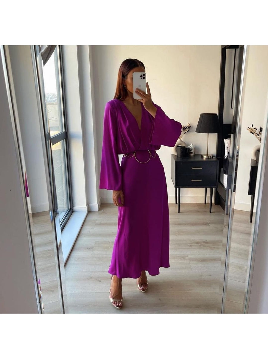 Purple Surplice V Neck Long Sleeve Dress