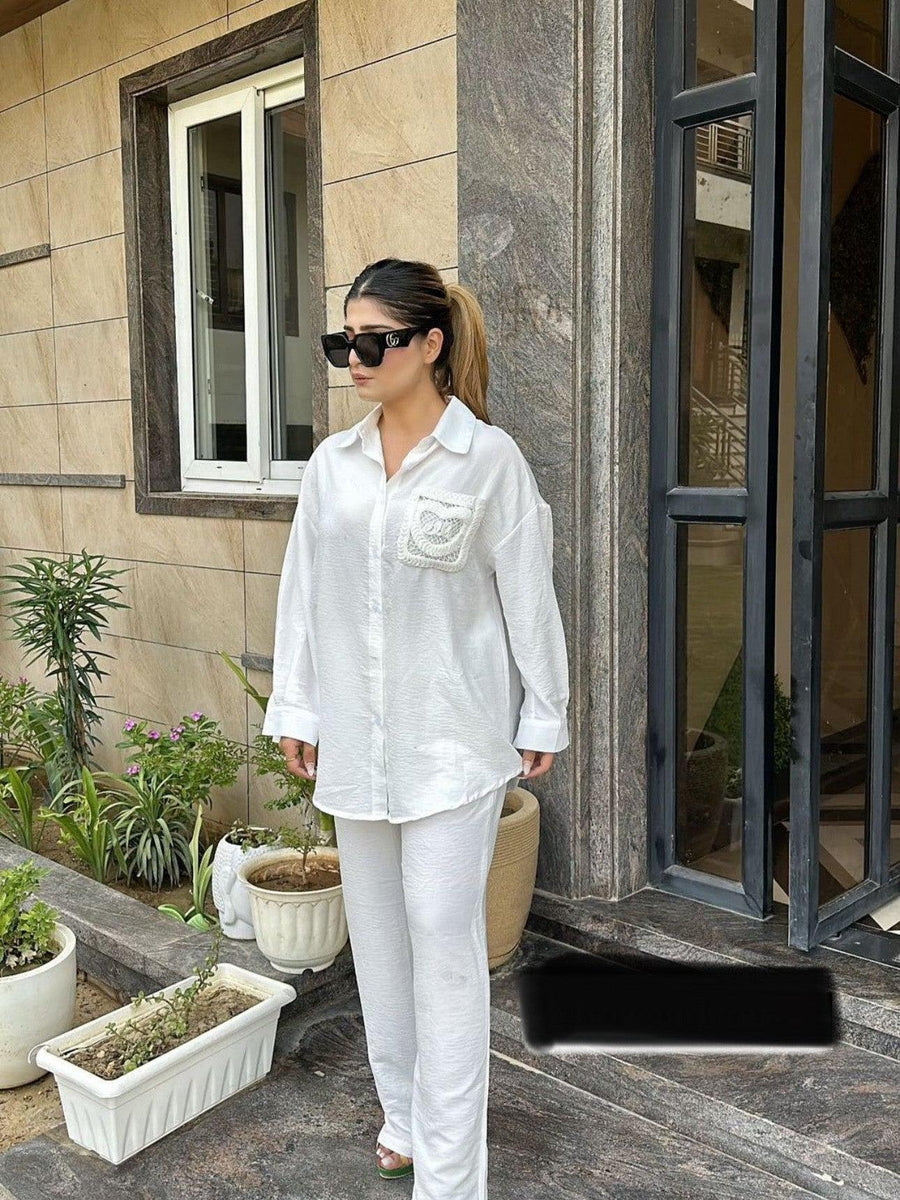 Embroidered Pocket Shirt & Pants Coord Set