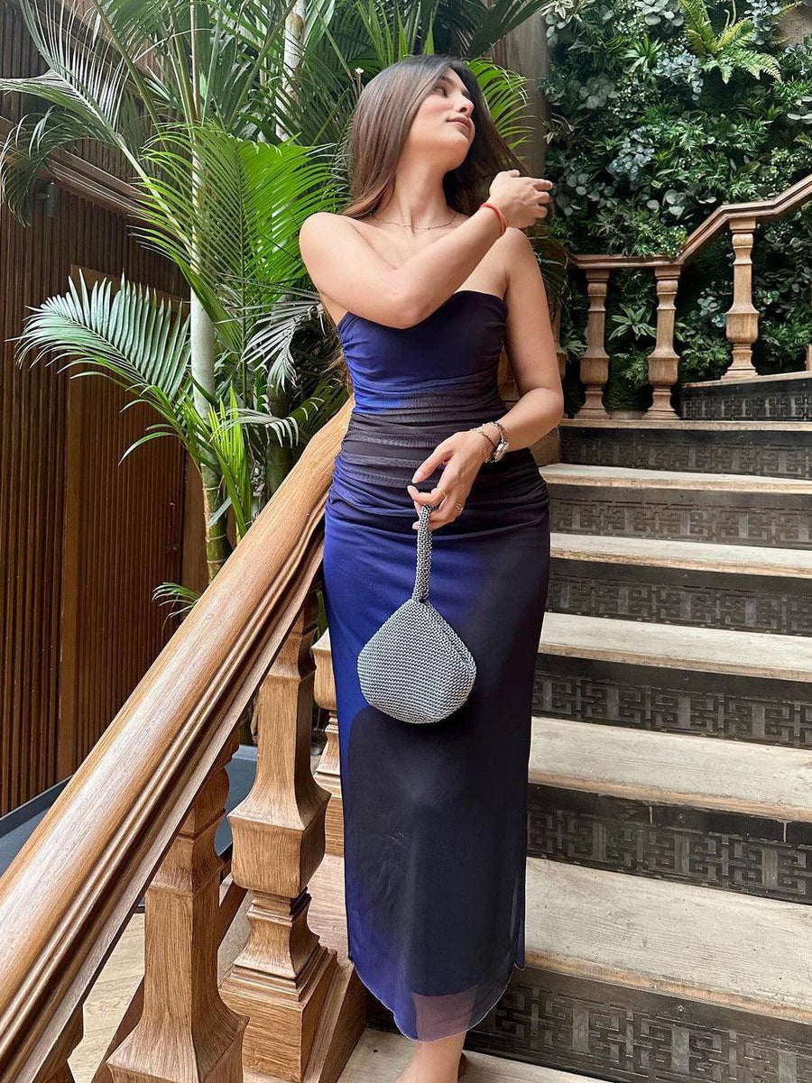 Blue & Grey Tie Dye Tulle Tube Dress