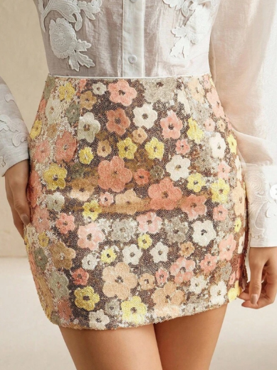 Flower Print Sequins Short Skirt