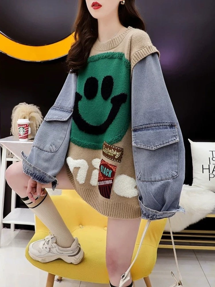 Denim Sleeve Patchwork Knitted Jeans Sweater