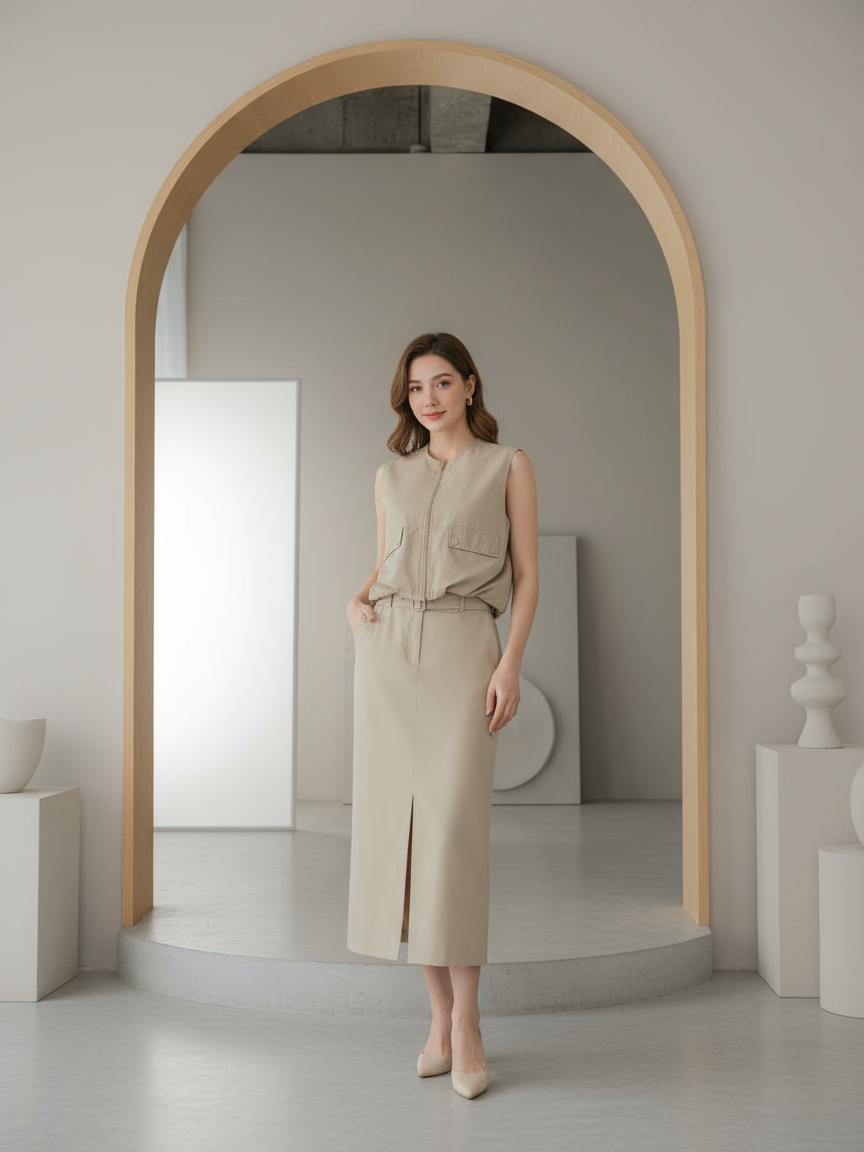 Sleeveless Zipper Waist Coat Jacket & Skirt Coord Set