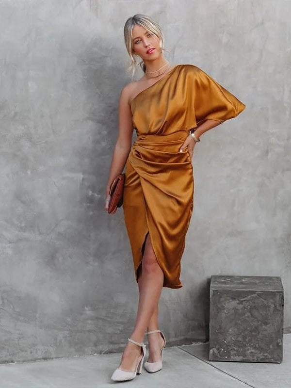 Orange One Shoulder Satin Ruched Dress
