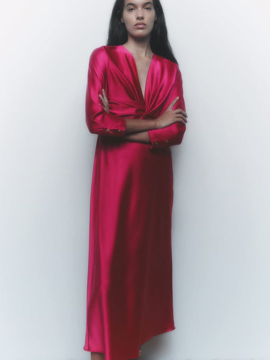 V Neck Silk Forged Texture Bow Tie Elastic Sleeve Dress