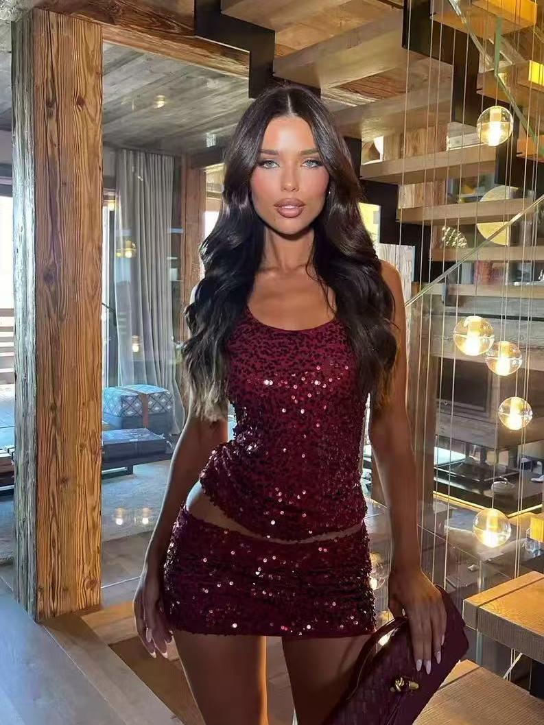 Sequin Beaded Tank Top Skirts Two-Piece Coord Set