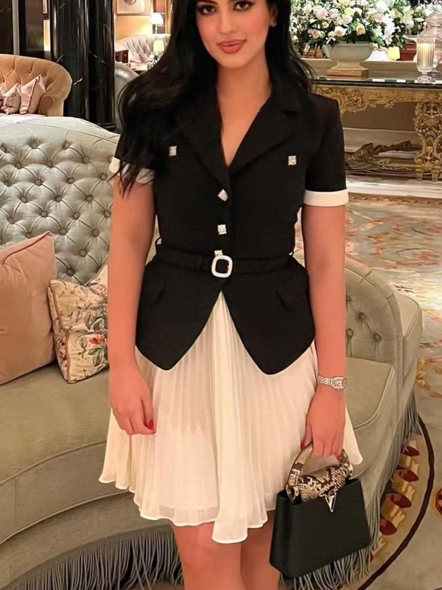 Belted Diamond Vest & Pleated Skirt Coord Set