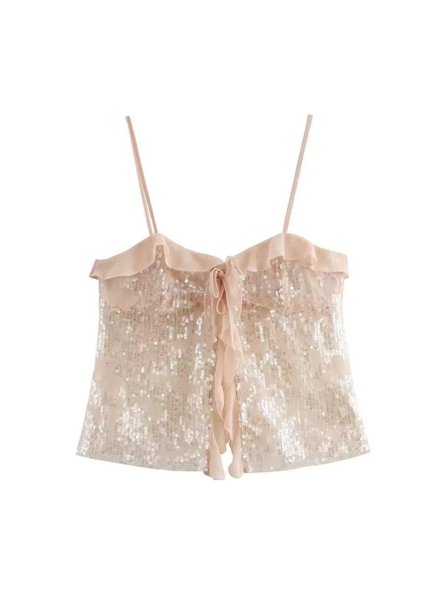 Spaghetti Strap Ruffle Cami Crop Sequins Top