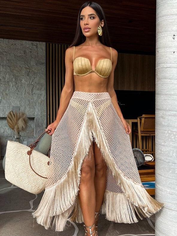 Gold bikini top and beige Tassel Netted Swimsuit Skirt Set