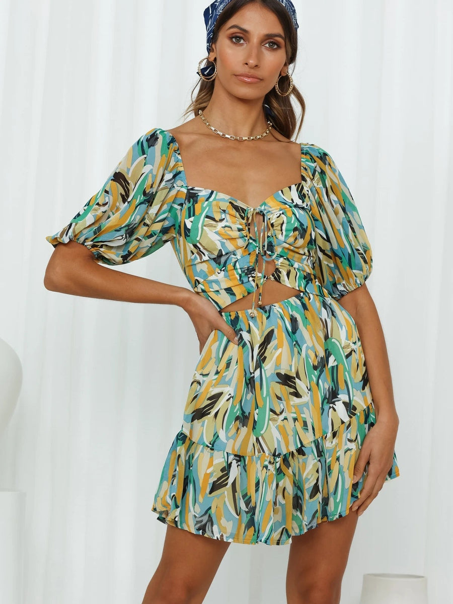 Summer Print Square Short Sleeve Tie A Line Dress