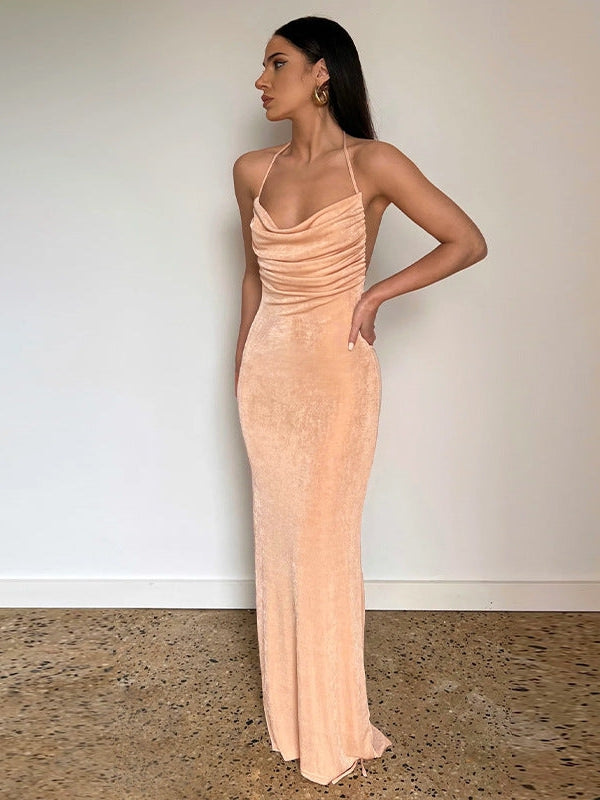 Peach Cowl Neck Backless Maxi Dress