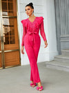 Red Embroidery Ruffle Lace Tulle Fishnet Belted Jumpsuit