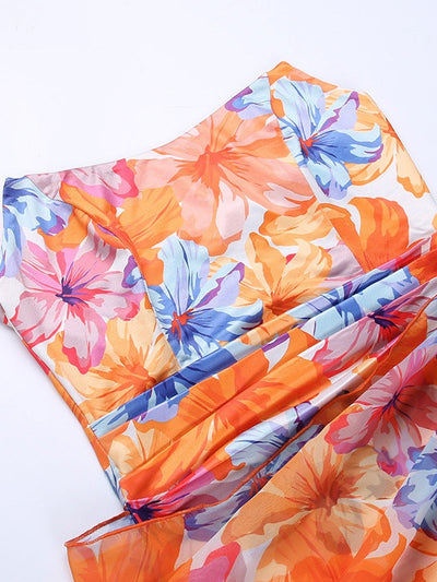 Floral Print Sheath Tube Top Ribbon Dress