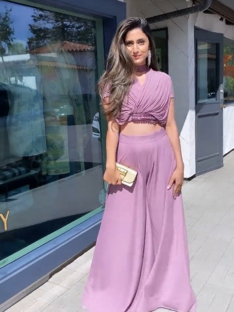 Pink Studded Crop Top & Palazzo Pants Satin Co-Ord Set