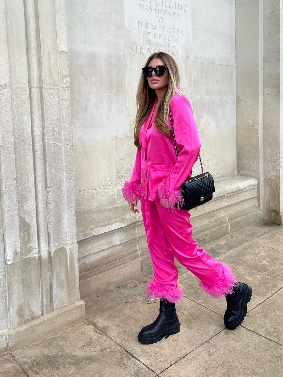 Pink Feather Sleeve Blazer & Feather Pants Coord Set