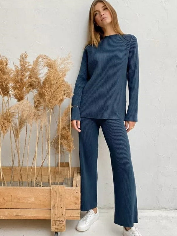 Blue Sweater & Wide Leg Pants Set - Winter