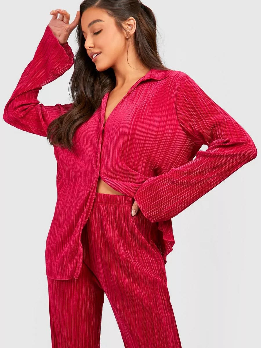 Oversized Pleated Shirt & Pants Elastic Waist Set