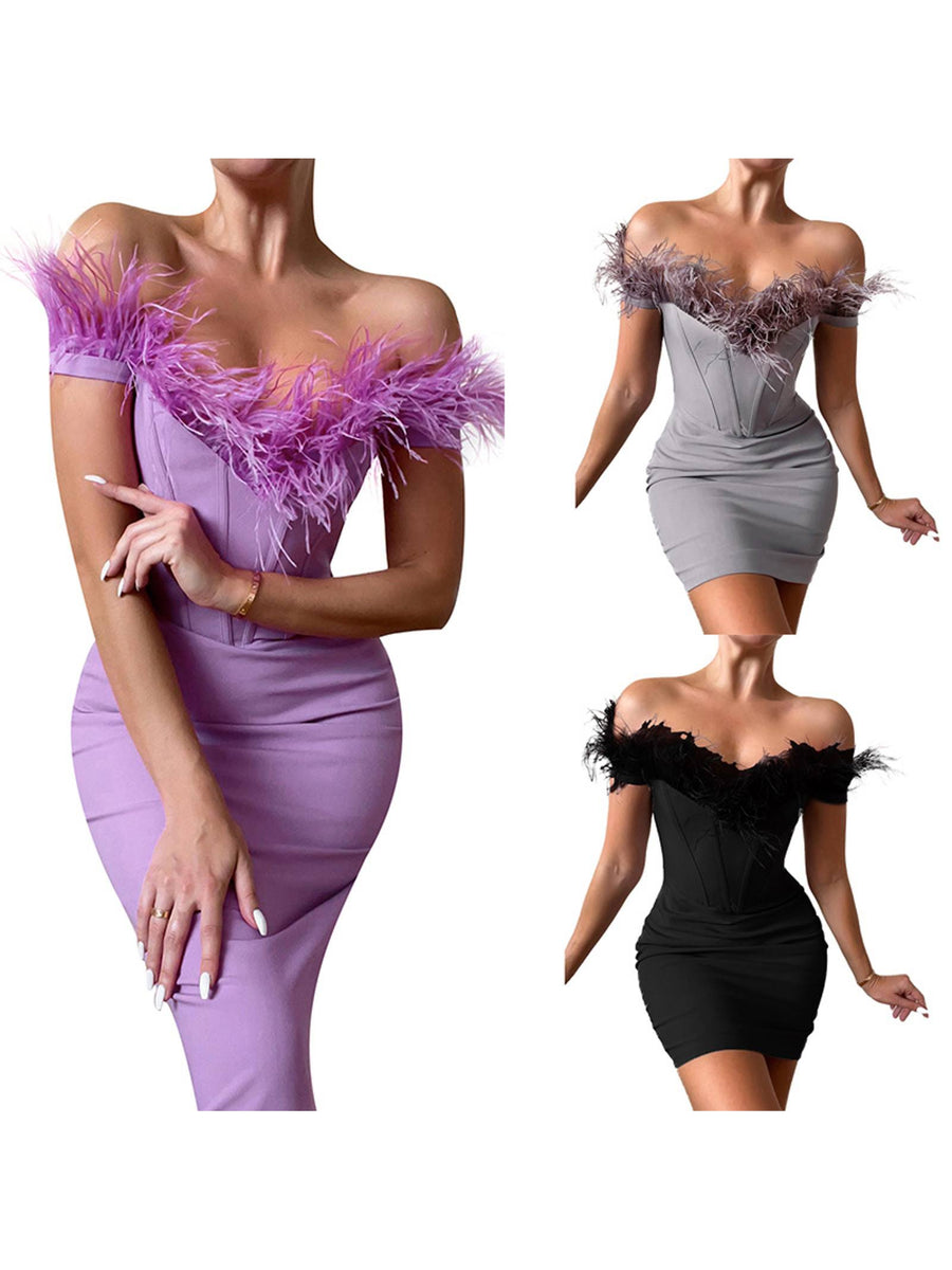 Off Shoudler Corset Feather Fur Dress