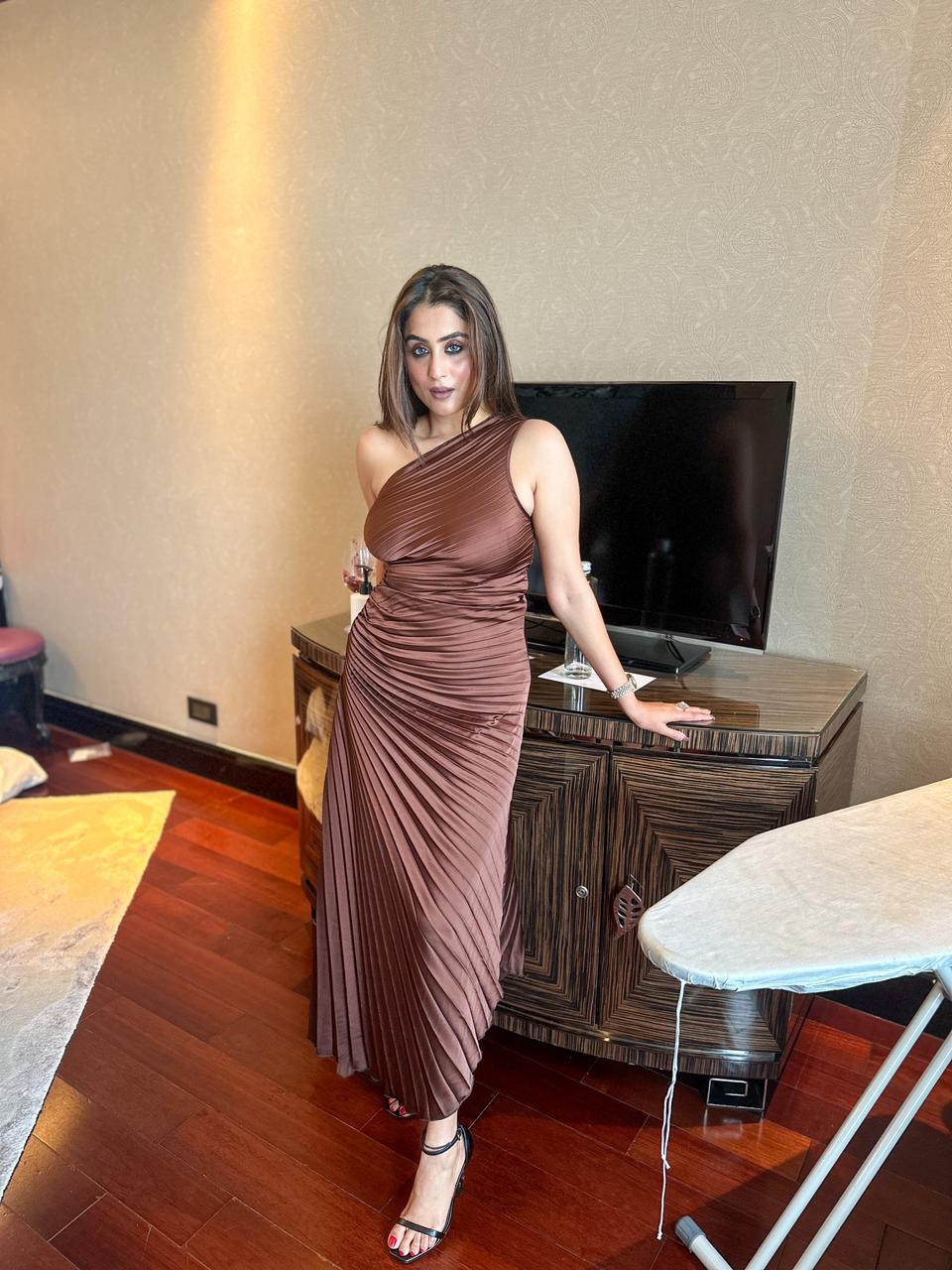 One Shoulder Sun Pleated Satin Dress- Brown