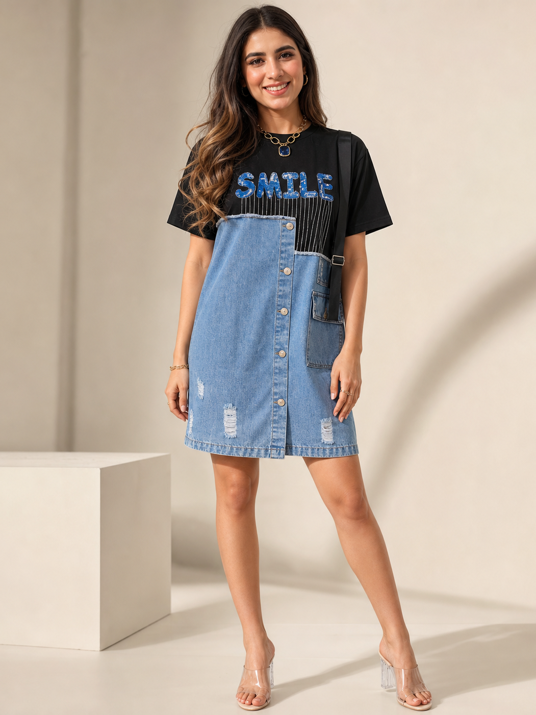 Rhinestone oversized denim T-shirt dress in blue with button-down front and distressed patches, worn by a model.