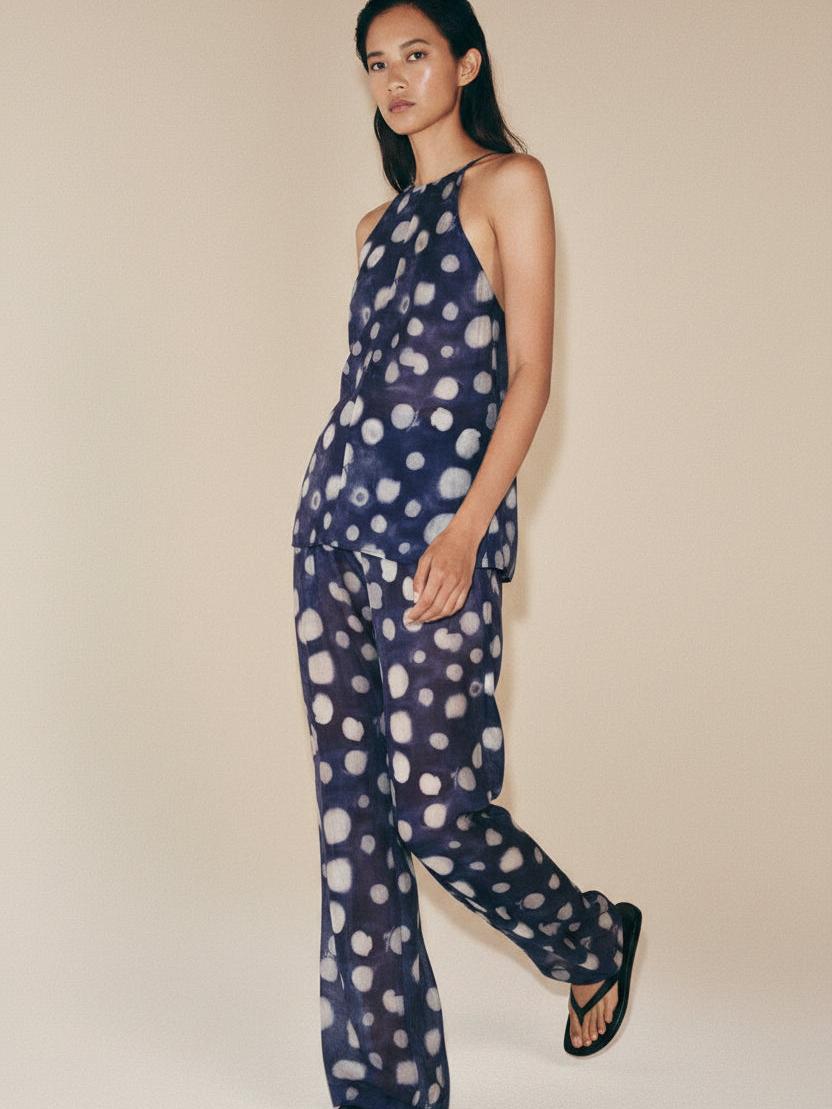 Moonlit Tides Satin Coord Set, navy satin with white polka dots, halter top and wide-leg pants