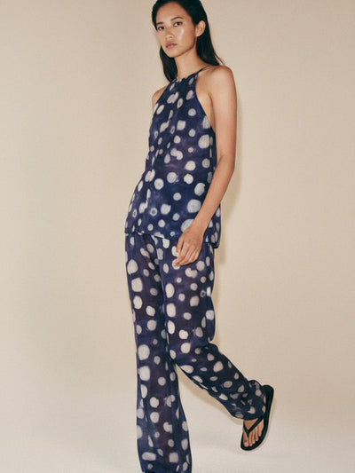 Moonlit Tides Satin Coord Set, navy satin with white polka dots, halter top and wide-leg pants
