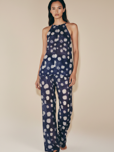 Moonlit Tides Satin Coord Set by Exclusives, navy 2-piece halter-top satin with matching wide-leg pants, polka-dot.