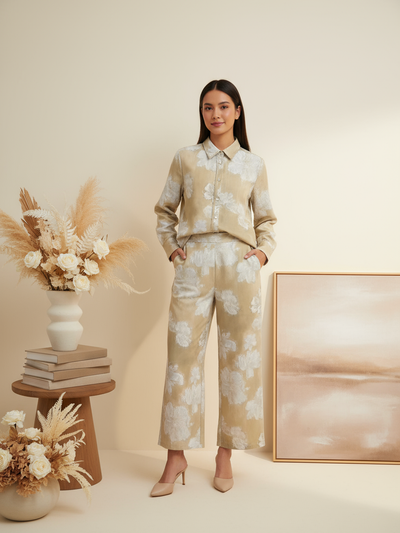 Flower Printed Shirt & Wide Leg Pant Coord Set