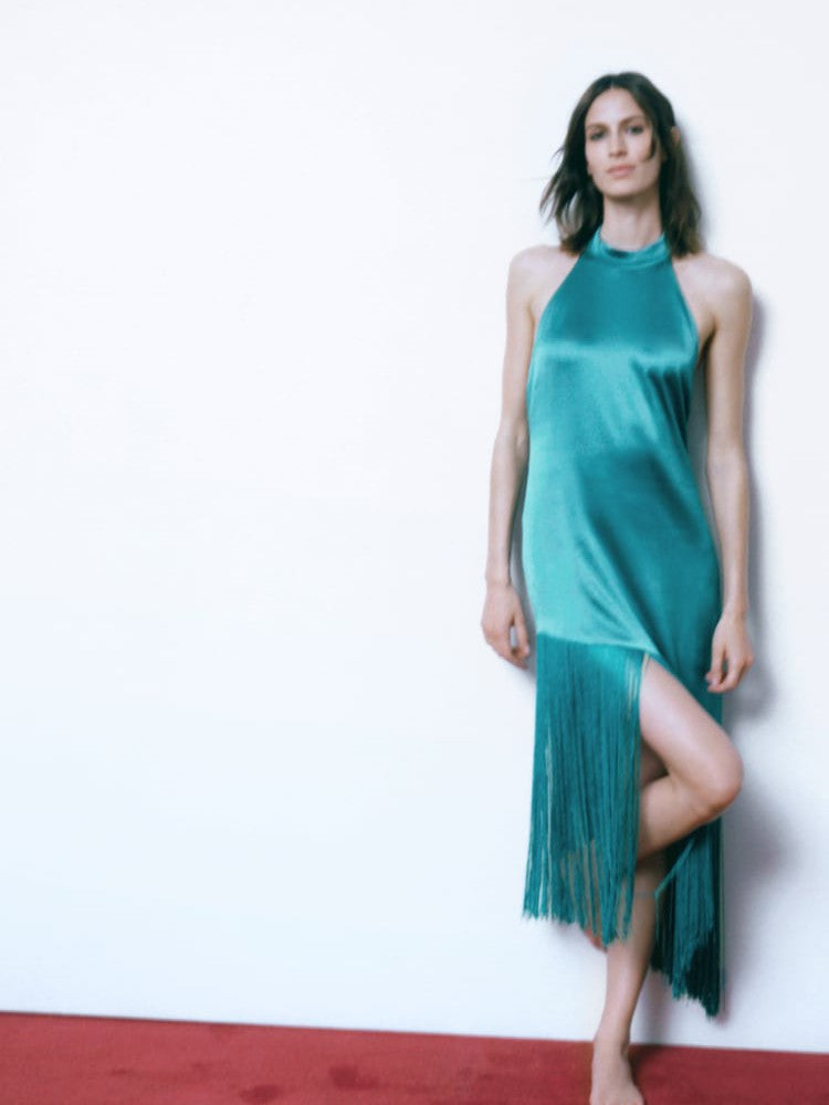 Sea Green Satin Halterneck Dress with Fringe/ Tassel