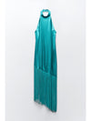 Sea Green Satin Halterneck Dress with Fringe/ Tassel