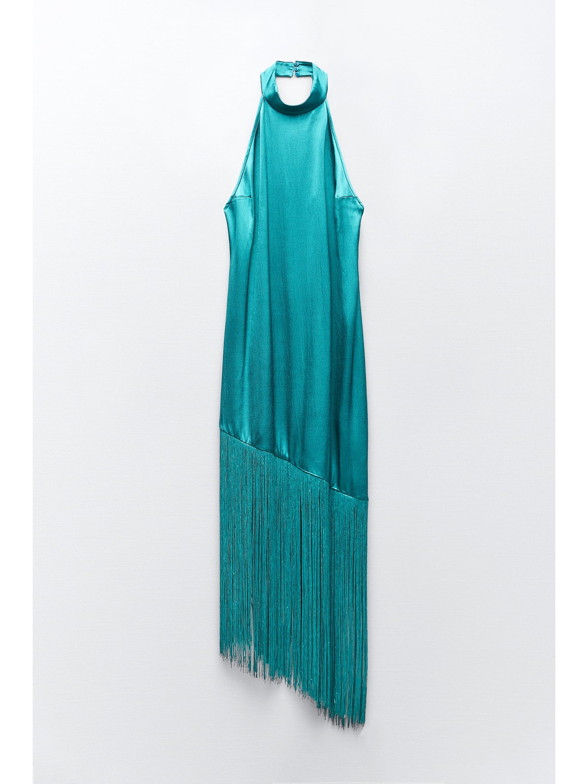 Sea Green Satin Halterneck Dress with Fringe/ Tassel