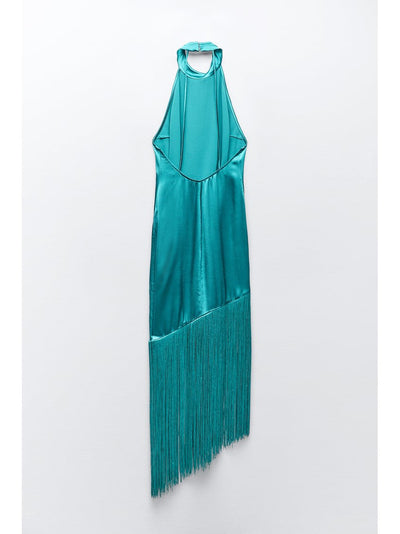 Sea Green Satin Halterneck Dress with Fringe/ Tassel