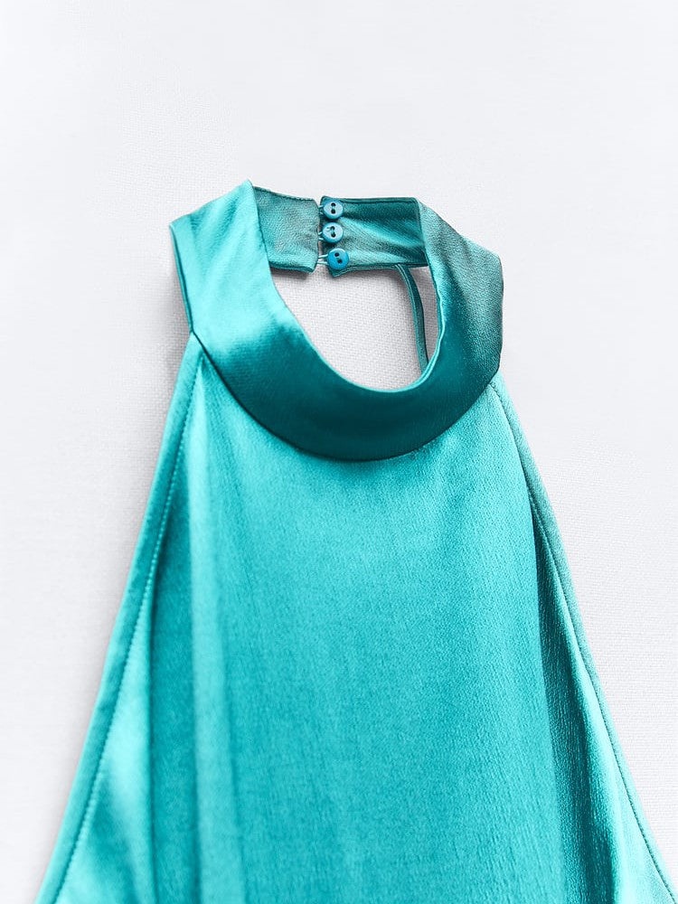 Sea Green Satin Halterneck Dress with Fringe/ Tassel