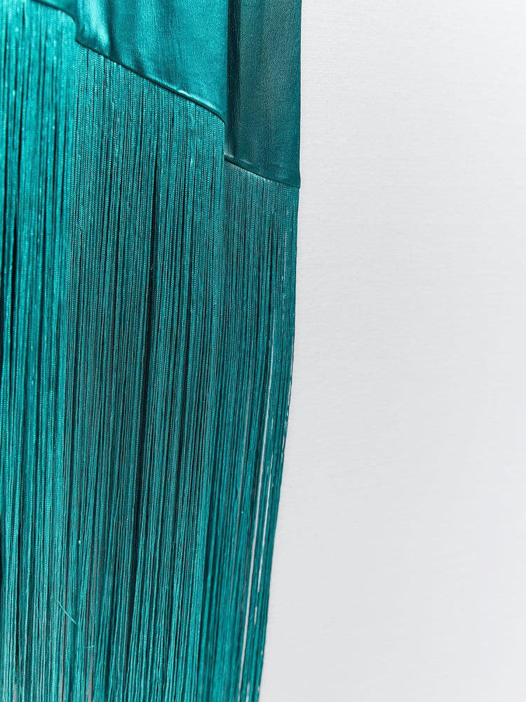 Sea Green Satin Halterneck Dress with Fringe/ Tassel