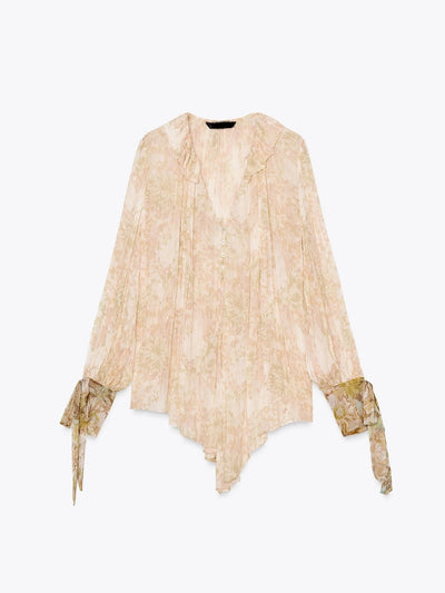 Exclusives asymmetric V-neck long-sleeve shirt top in pale pink floral with ruffled collar and tie cuffs.