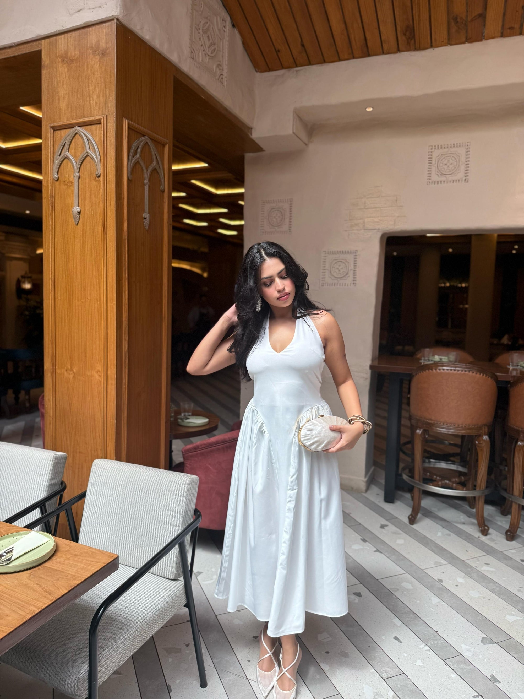 Serena Tied Halterneck Flare Midi Dress