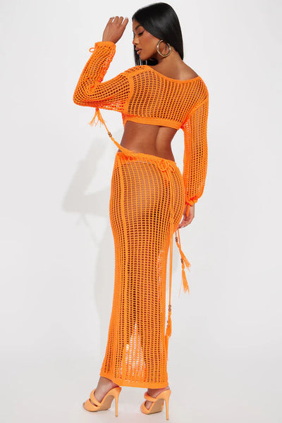 Sunset Siren Crochet Maxi Dress in orange crochet, Exclusives on sale