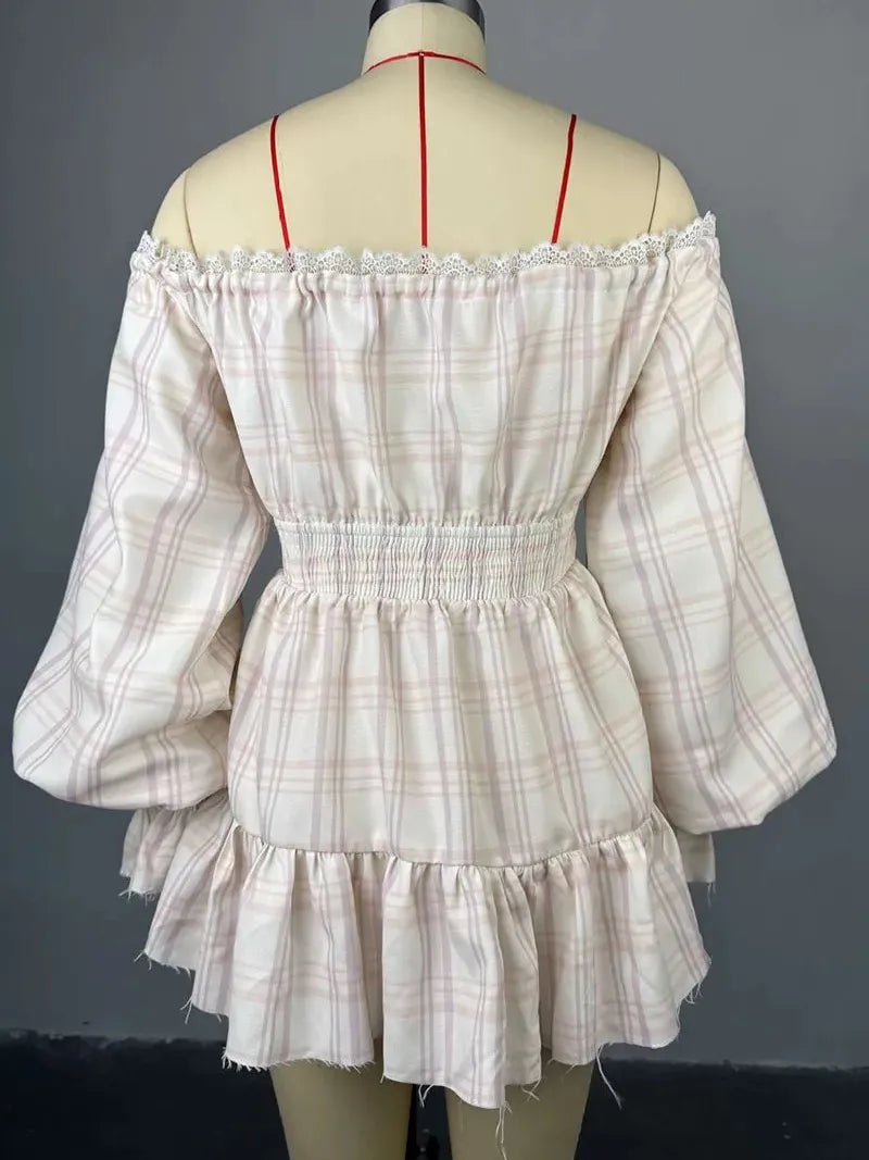 Plaid Lace Buckle Strap Design Off Shoulder Printed Dresses