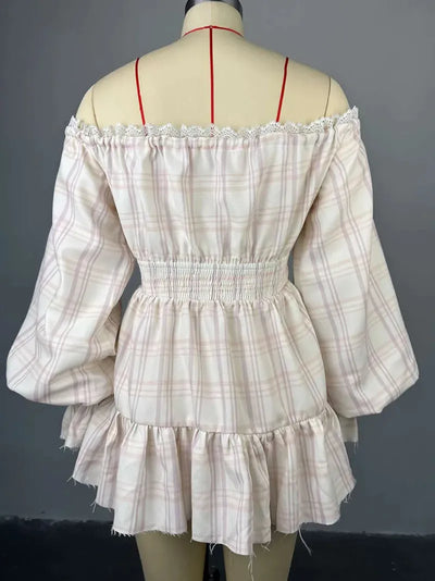 Plaid Lace Buckle Strap Design Off Shoulder Printed Dresses