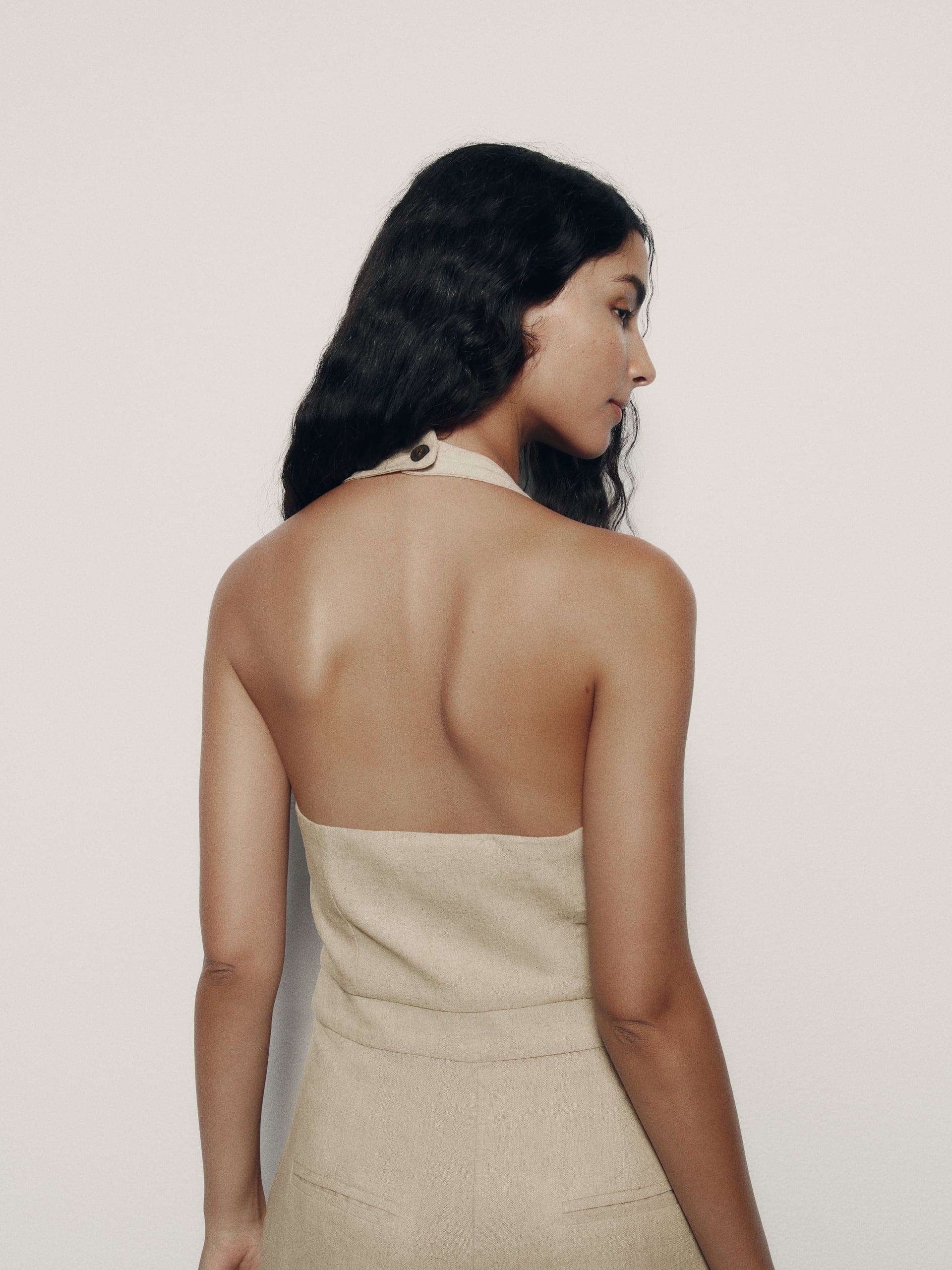 Halterneck Linen Waist Coat Wide Leg Jumpsuit