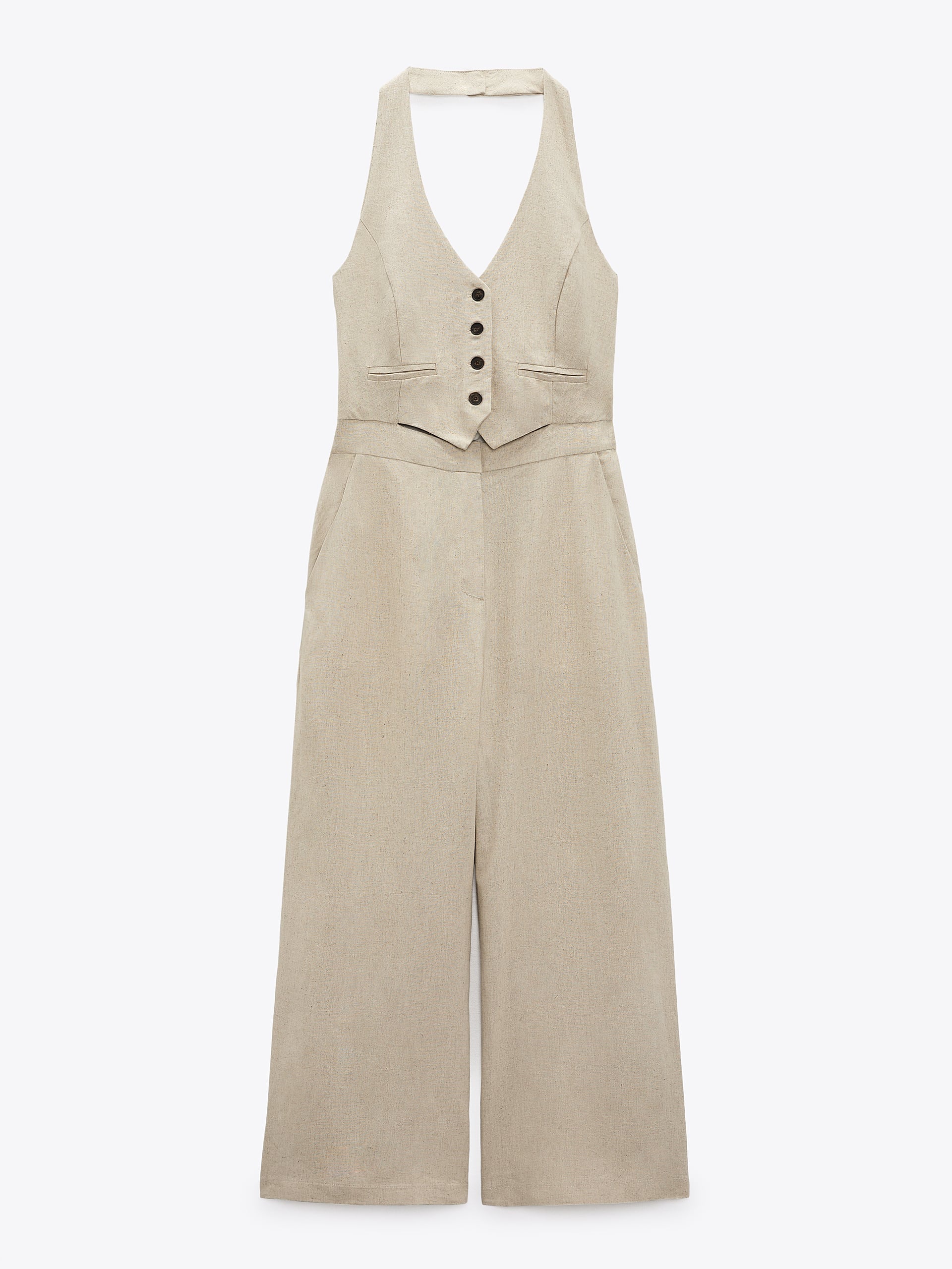 Halterneck Linen Waist Coat Wide Leg Jumpsuit