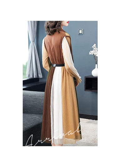 Brown Multicolor Midi Dress with Belt