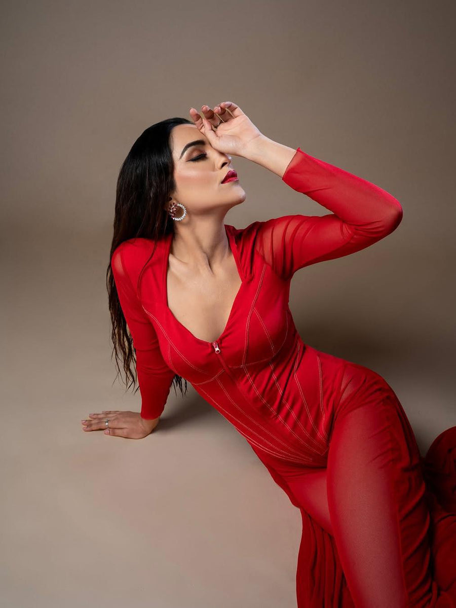 Mariam Full Sleeve Mesh See Through V Neck Jumpsuit