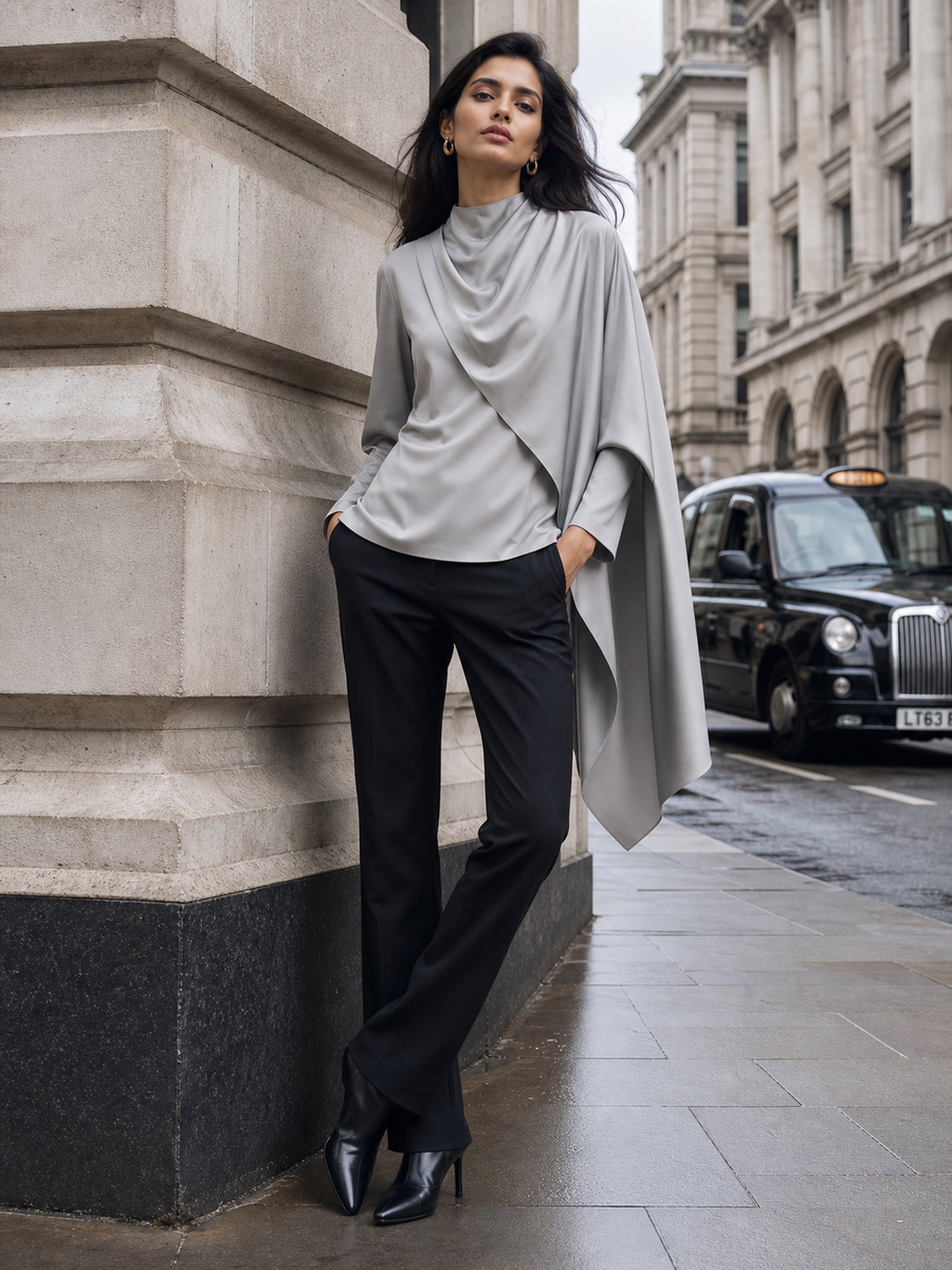 Asymmetric Drape Satin Top by Exclusives; light gray satin blouse, tops on sale.