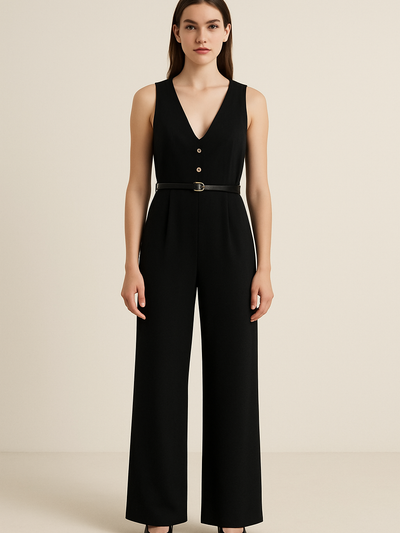 V-Neck Tailored Wide Leg Jumpsuit with Belt