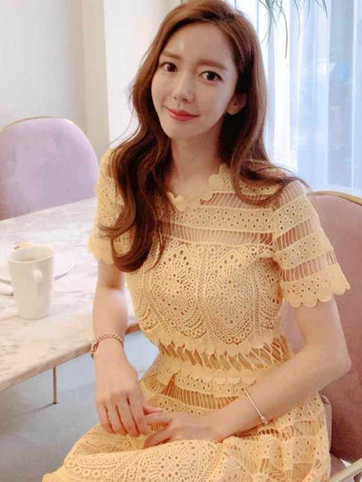 Yellow Crochet Lace Dress with Inner