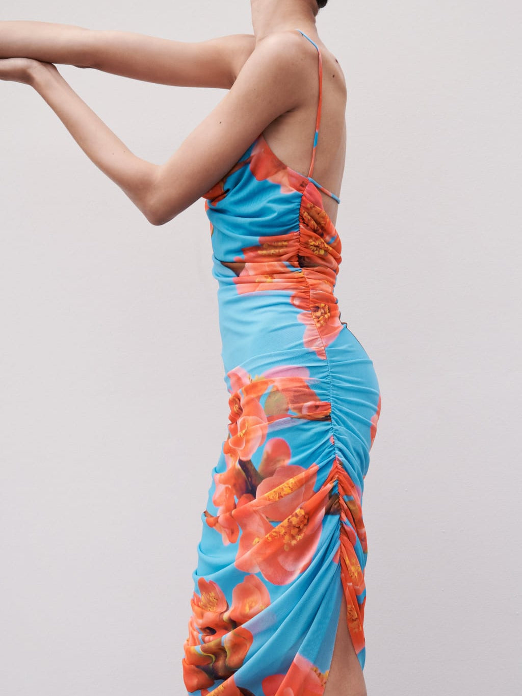 Asymmetric Floral Print Mesh Backless Dress